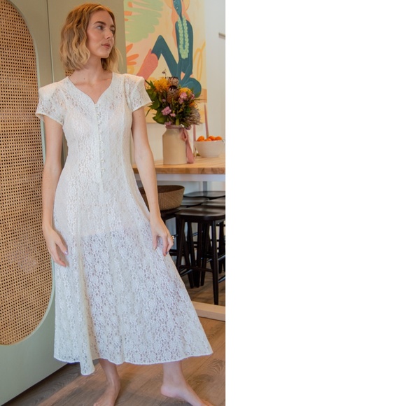 90s Lace Short Sleeve Button Front Ankle Length Dress - Picture 2 of 10